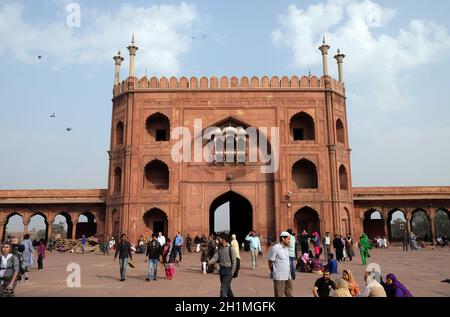 Die spektakuläre Architektur der Großen Freitagsmoschee (Jama Masjid), Delhi, Indien Stockfoto