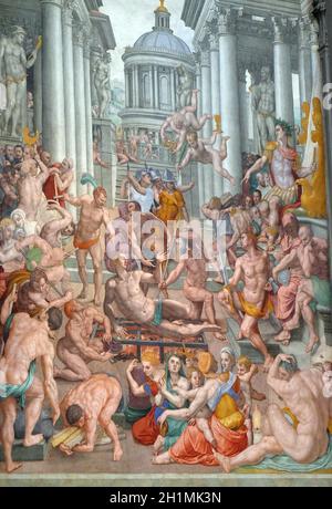 Das Martyrium des Hl. Laurentius, 1569, Fresko von Agnolo Bronzino in der Basilika San Lorenzo in Florenz, Italien Stockfoto