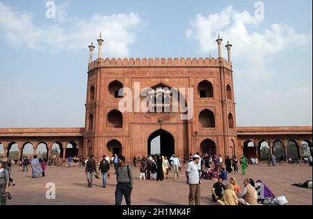 Die spektakuläre Architektur der Großen Freitagsmoschee (Jama Masjid), Delhi, Indien Stockfoto