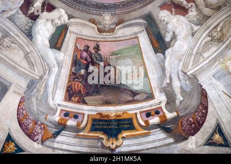 Episoden aus dem Leben von Cosimo I. de' Medici Fresko von Bernardino Poccetti Ospedale degli Innocenti - Außen Arcade, Florenz, Italien Stockfoto