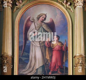 Schutzengel, Altarbild in der Basilika des Heiligen Herzens Jesu in Zagreb, Kroatien Stockfoto