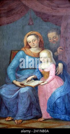 Selige Jungfrau Maria mit ihren Eltern St. Anna und St. Joachim, Altarbild in der Pfarrkirche der Unbefleckten Empfängnis der Jungfrau Maria in Lepoglav Stockfoto