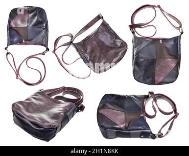 Set aus handgefertigter Umhängetasche aus dunklem Leder mit Patchwork-Ornament Isoliert auf weißem Hintergrund Stockfoto