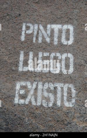 Graffiti auf einem Felsen: Ich Male deshalb bin ich. Valle Gran Rey. La Gomera. Kanarische Inseln. Spanien. Stockfoto