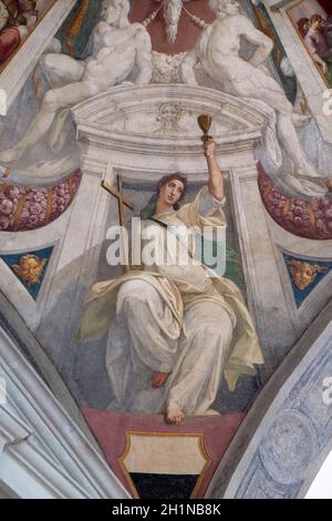 Tugend glauben, Fresko von Bernardino Poccetti Ospedale degli Innocenti - Außen Arcade, Florenz, Italien Stockfoto