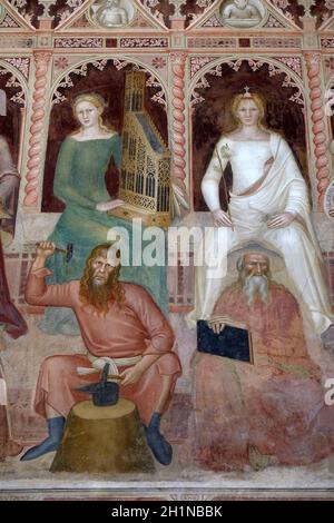 Music-Tubalcain, Dialectis-Pietro Ispano, heiligen Wissenschaften und Freien Künste, Detail der Triumph des hl. Thomas von Aquin, Fresko von Andrea di Buonaiuto Stockfoto