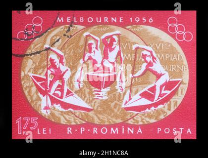 Briefmarke gedruckt in Rumänien, zeigt 1956 Olympische Sommerspiele, Spiele der XVI. Olympiade, um 1956 Stockfoto