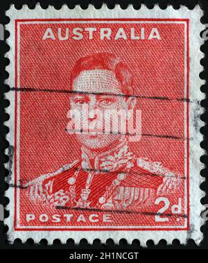 Stempel gedruckt in Australien zeigt Porträt von König George VI (1895-1952), Serie, ca. 1938. Stockfoto