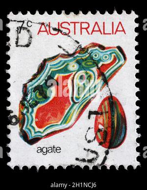 Stempel gedruckt in Australien zeigt Achat Edelstein Serie, ca. 1973. Stockfoto