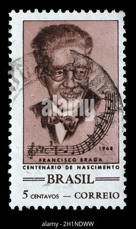 Stempel von Brasilien gedruckt. Der 100. Jahrestag der Geburt des Francisco Braga, 1868-1945, ca. 1968. Stockfoto