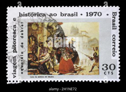 Stempel von Brasilien gedruckt. Der 100. Jahrestag der Geburt von Jean Baptiste Debret, 1768-1848, circa 1970. Stockfoto