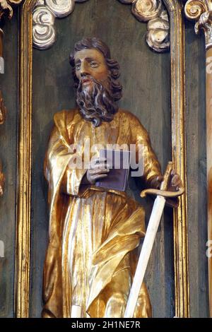 St. Paul, Statue auf dem Hochaltar in der Pfarrkirche St. Peter in Sveti Peter Mreznicki, Kroatien Stockfoto