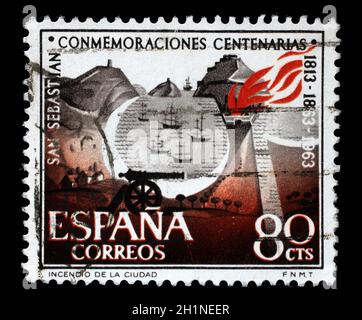 Stempel in Spanien ausgestellt zeigt zum 150jährigen Jubiläum von San Sebastian, circa 1963. Stockfoto