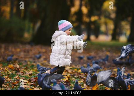 Junge blonde Mädchen jagen Vögel im Park, Herbst Stockfoto