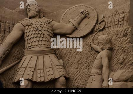 Jesolo, Venedig, Italien, 8-12-2018, Jesolo Sandkrippe 2018, Sandskulptur inspiriert von den dramatischen Geschichten des Alten Testaments. Stockfoto