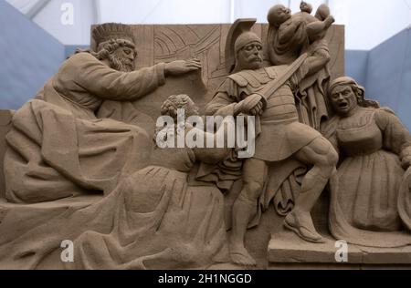 Jesolo, Venedig, Italien, 8-12-2018, Jesolo Sandkrippe 2018, Sandskulptur inspiriert von den dramatischen Geschichten des Alten Testaments. Stockfoto