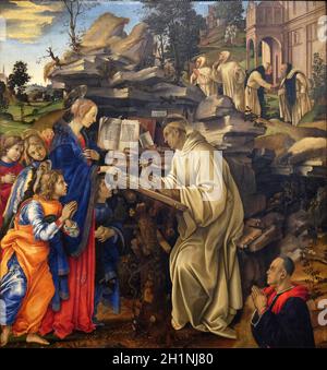 Die Erscheinung der Jungfrau bei der hl. Bernhard von Clairvaux von Filippino Lippi, Badia Fiorentina Kirche in Florenz, Italien Stockfoto