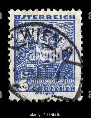 Briefmarke gedruckt von Österreich zeigt Mann aus Niederösterreich (Niederösterreich), traditionelle Tracht, um 1934. Stockfoto