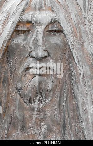 Bronze Bas-Relief von Jesus. Antike Statue von Jesus Christus Gesicht. Religion, Jahrgang, Glaube, Geschichte, Leiden Konzept. Stockfoto