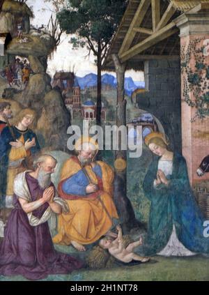 Das Fresko Krippe mit der Heiligen Hieronymus von Bernardino Pinturicchio (1488-1490) in Rovere-Kapelle in der Kirche Santa Maria del Popolo, Rom, Italien Stockfoto