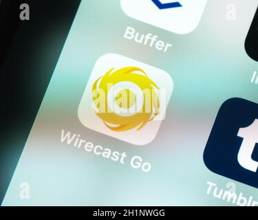 BAYONNE, FRANKREICH - CIRCA JANUAR 2021: Wirecast Go App-Symbol auf dem Apple iPhone-Bildschirm. Wirecast Go ist eine mobile Live-Video-Streaming-Produktions-App für iOS Stockfoto