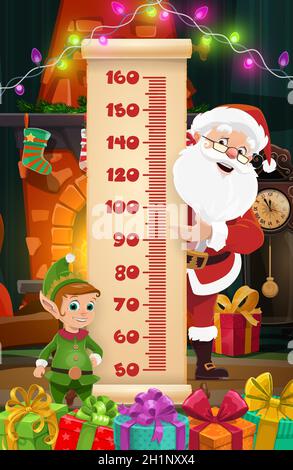 Weihnachten Kinder Höhe Chart Santa und elf mit Geschenken Wachstum Maß. Vektor Wand Aufkleber Meter für Kinder mit Comic-Figuren Elf und Santa Clau Stock Vektor