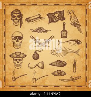 Piratenkarte und -Flagge, Schädel, Dolch und Fischknochen, Vektorskizzenelemente. Piraten Schatzinsel Karte Symbole, Waffe, Rum-Flasche und Papagei, Tabak pi Stock Vektor