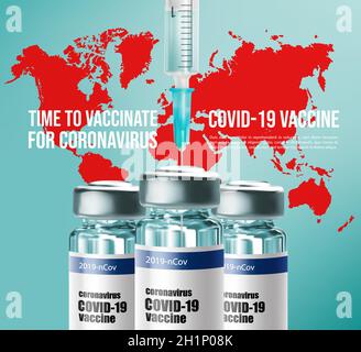 Coronavirus-Impfung, Impfstoffflasche und -Spritze, Weltkarte, Covid-Prävention. Zeit zum Impfen von medizinischen Posterprodukten, realistischen 3d-Glaskolben und Squi Stock Vektor