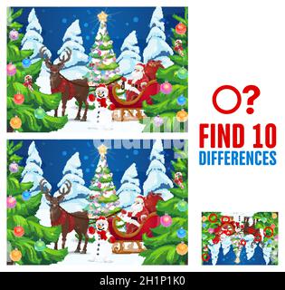 Kind finden zehn Unterschiede Spiel mit Santa und Weihnachtsbaum. Kinder logische Rätsel mit dem Vergleich Aufgabe, Kinder Urlaub Puzzle-Spiel. Weihnachtsmann im Schlitten, Stock Vektor