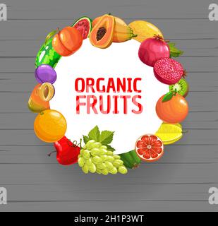 Frisches Bio-Obst rund Banner. Tropische und gewöhnliche Früchte mischen sich auf Holzplanken Hintergrund. Poster zum Bio-Lebensmittelgeschäft. Cartoon-Vektor Granatapfel, Stock Vektor