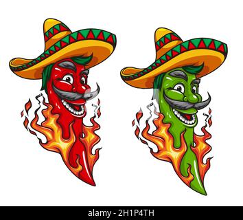 Cartoon mexikanische jalapeno oder Chili Pfeffer Maskottchen Charakter in Sombrero mit Feuer Flammen. Mexikanisches Essen heiße Würze glücklich lächelnd Vektor Schnurrbart Persona Stock Vektor