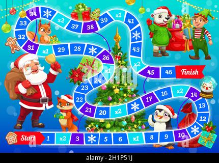 Kind Weihnachten Brettspiel mit Santa Claus und Tiere niedlichen Charakteren. Kinder Brettspiel, Kinder Winterferien spielen Aktivität Buchseite. Polar Be Stock Vektor