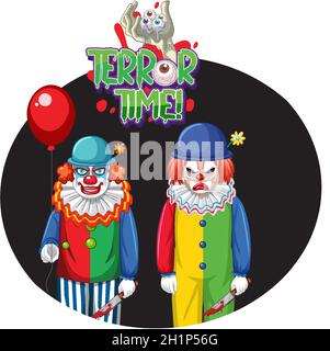 „Terror Time“-Abzeichen mit zwei gruseligen Clowns-Illustrationen Stock Vektor