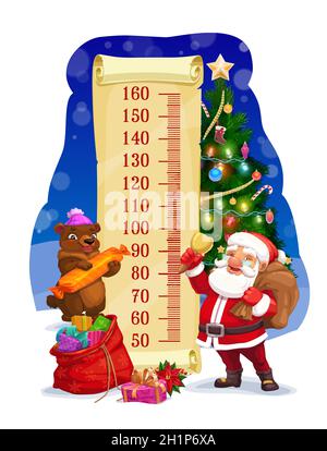 Kinder-Höhendiagramm, Weihnachtsmann mit Geschenktüte Wachstumsmeter. Vektor-Wandaufkleber für Kinder Höhenmessung mit Comic-Figuren Santa Claus und niedlich Stock Vektor