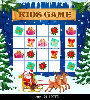 Weihnachten Winter Sudoku Kinder Spiel oder Puzzle-Vektor-Vorlage. Bildung Arbeitsblatt der Logik Spiel, Labyrinth, Rätsel, Rebus oder Test mit Cartoon Weihnachtsmann, Stock Vektor