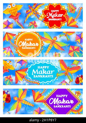 Indische Makar Sankranti Urlaubsbanner mit Vektordrachen in blauem Himmel und Wolken. Hindu Religion Festival Papier Wind Spielzeug, Vogel, Fisch, Schmetterling und dr Stock Vektor