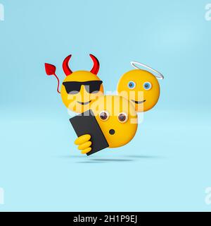 3D-Illustration Emoji hält Telefon mit Teufel und Engel Emoji auf den Schultern, gut und schlecht der sozialen Medien, 3D-Rendering Stockfoto