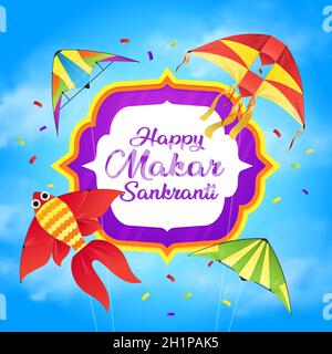 Makar Sankranti Indian Holiday Kites Vektor-Design der hinduistischen Religion Festival. Blauer Himmel mit fliegenden Papierspielzeugen und festlichen Konfetti, Fisch und Vogelschas Stock Vektor