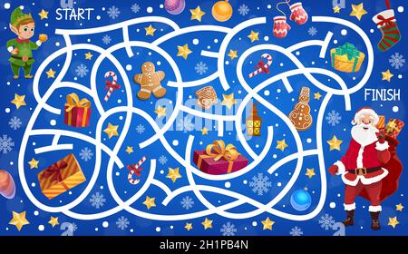 Weihnachtslabyrinth, Lernspiel für Kinder mit Weihnachtsmann und Elf Charaktere, verpackt Geschenke und Urlaub Süßigkeiten Cartoon-Vektor. Kind Labyrinth Gam Stock Vektor
