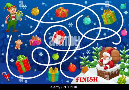 Weihnachten Labyrinth-Spiel mit Santa und Geschenke Cartoon Labyrinth, Vektor-Puzzle von Kindern Bildung. Start to Finish game, Puzzle oder Rätsel, Hilfe Xmas elf wit Stock Vektor