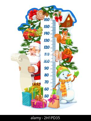 Weihnachtsmann und Geschenke Kinder Höhendiagramm, Wachstumsmesser. Vektor-Wandaufkleber mit dekorierten Weihnachtsbaum, Schneemann und Winter festliche Dekor auf verschneiten spr Stock Vektor