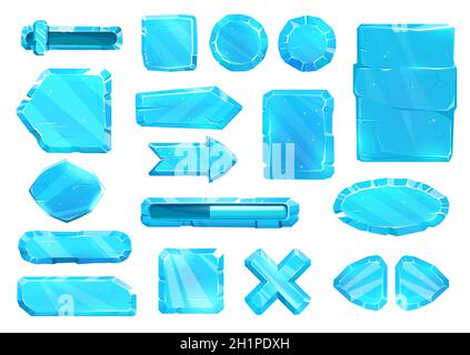 Ice Crystal Bedienfeld-Schnittstelle, Tasten, Schieberegler Platten und Pfeiltasten, Vektor-Spiel Asset UI-Set. Blue ICE UX und GUI-Tasten für Spiel, Cartoon-Menü Stock Vektor