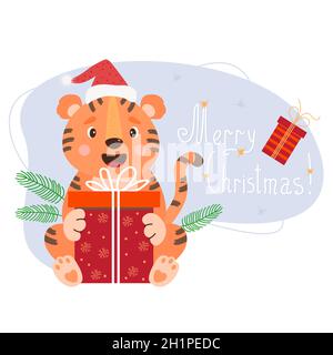 Niedlicher Tiger in einem Weihnachtsmütze mit einem großen Geschenk und der Aufschrift Frohe Weihnachten. Vektorgrafik für Grußkarten, Drucke und Poster, Design und Stock Vektor