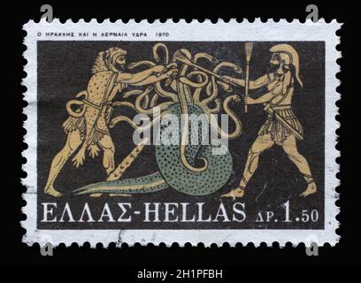 In Griechenland gedruckte Briefmarke zeigt Hercules Deeds - Hercules und Lernean Hydra, um 1970 Stockfoto