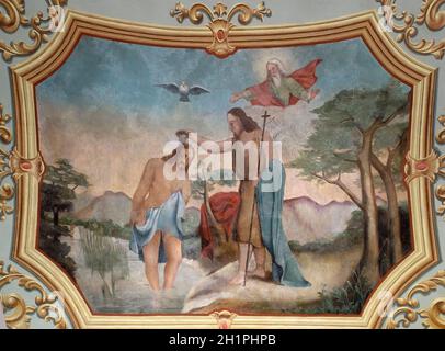 Taufe des Herrn, Fresko in der Kirche des hl. Matthäus in Stitar, Kroatien Stockfoto