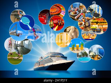 Collage über abstrakte Kreuzfahrtschiff und sportliche Aktivität. Happy Kreuzfahrten und Reisen. Stockfoto