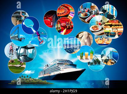 Collage über abstrakte Kreuzfahrtschiff und sportliche Aktivität. Happy Kreuzfahrten und Reisen. Stockfoto