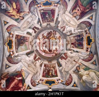 Mars der Medici Wappen zwischen putti Fresko von Bernardino Poccetti Ospedale degli Innocenti - Außen Arcade, Florenz, Italien Stockfoto