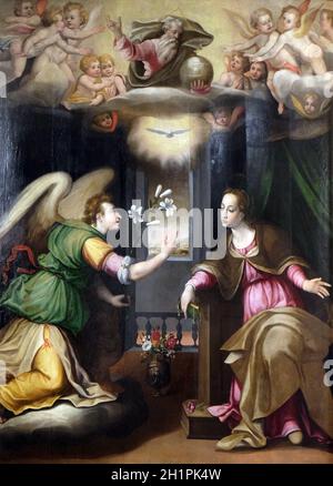 Die Verkündigung, Kreis von Giorgio Vasari, Bardi di Mangona Kapelle in der Basilika di Santa Croce (Basilika des Heiligen Kreuzes) in Florenz, Italien Stockfoto