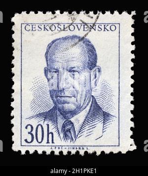 Die in der Tschechoslowakei gedruckte Briefmarke zeigt das Porträt des Präsidenten Antonin Zapotocky, um 1953 Stockfoto